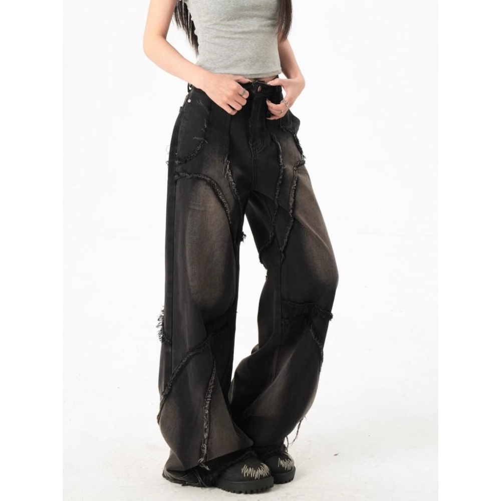 全新台灣現貨 美式解構重工水洗做舊牛仔褲 直筒寬鬆流蘇闊腿拖地長褲 男女皆可穿-細節圖5