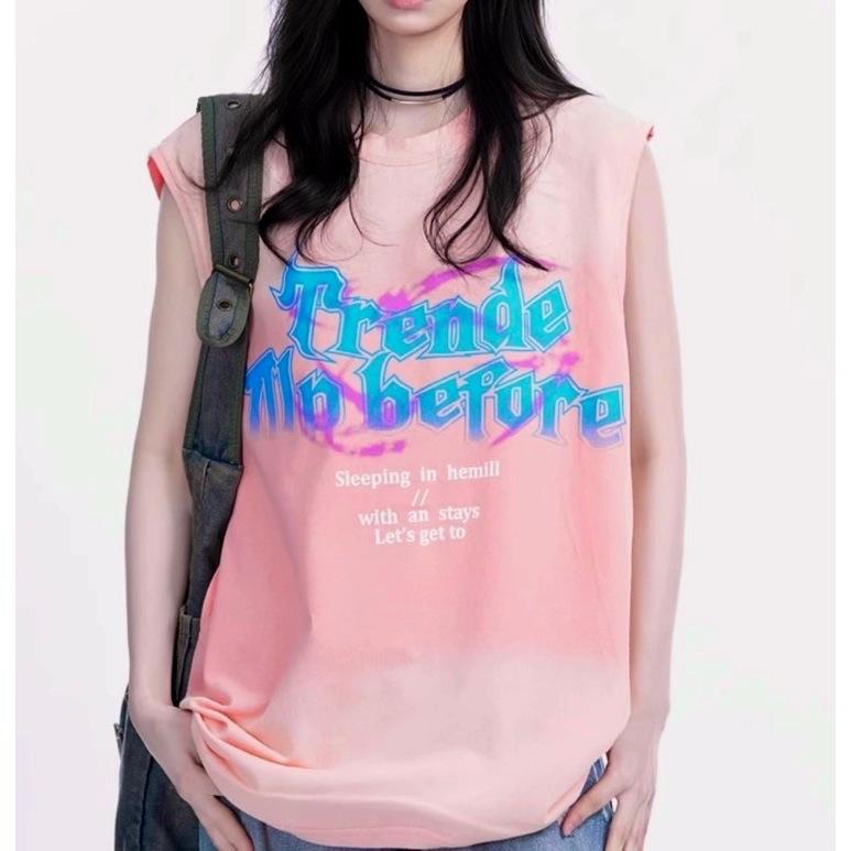 全新台灣現貨 夏日嘻哈漸層染印花無袖寬鬆背心 男女棉質背心-細節圖3