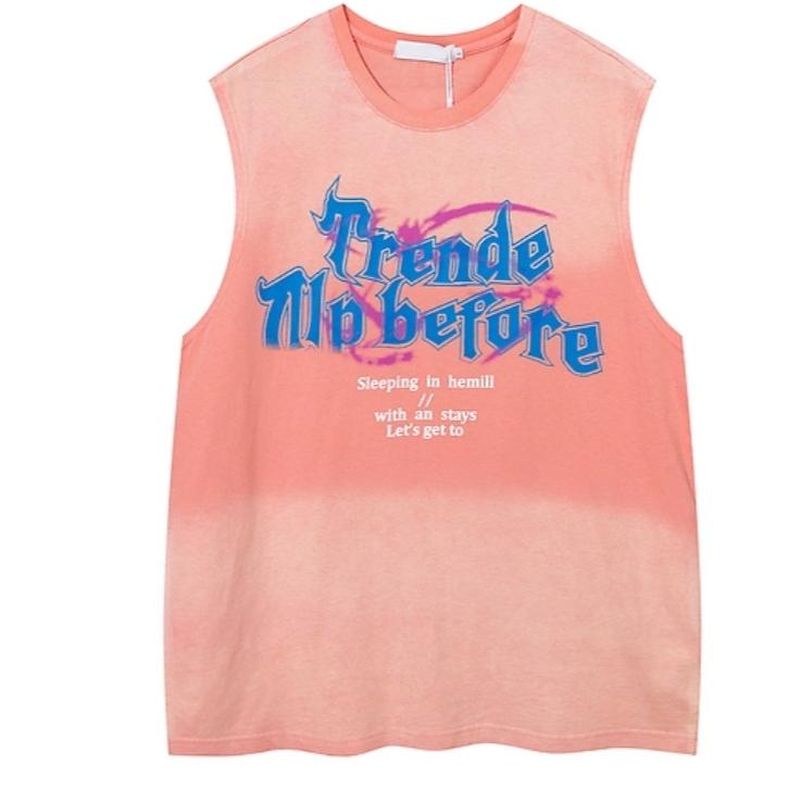 全新台灣現貨 夏日嘻哈漸層染印花無袖寬鬆背心 男女棉質背心-細節圖4