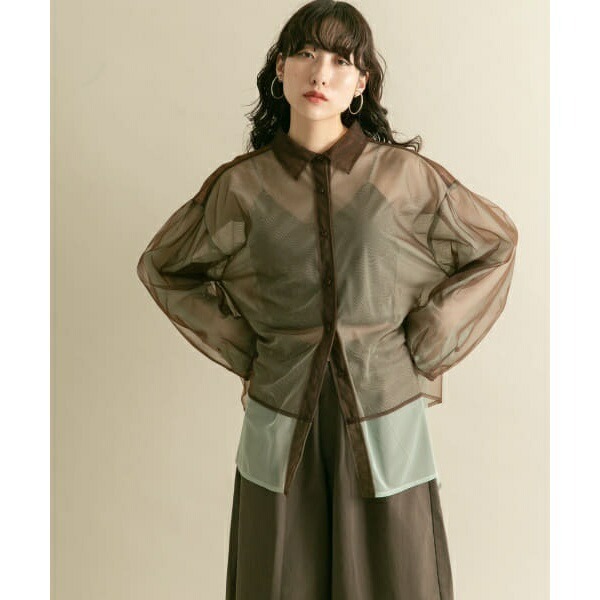 單件免運 🐈 快來帶走我的二手衣 🐈日本正品 KBF 層次透膚襯衫 咖啡x淺薄荷綠 二手日牌 古著-細節圖5