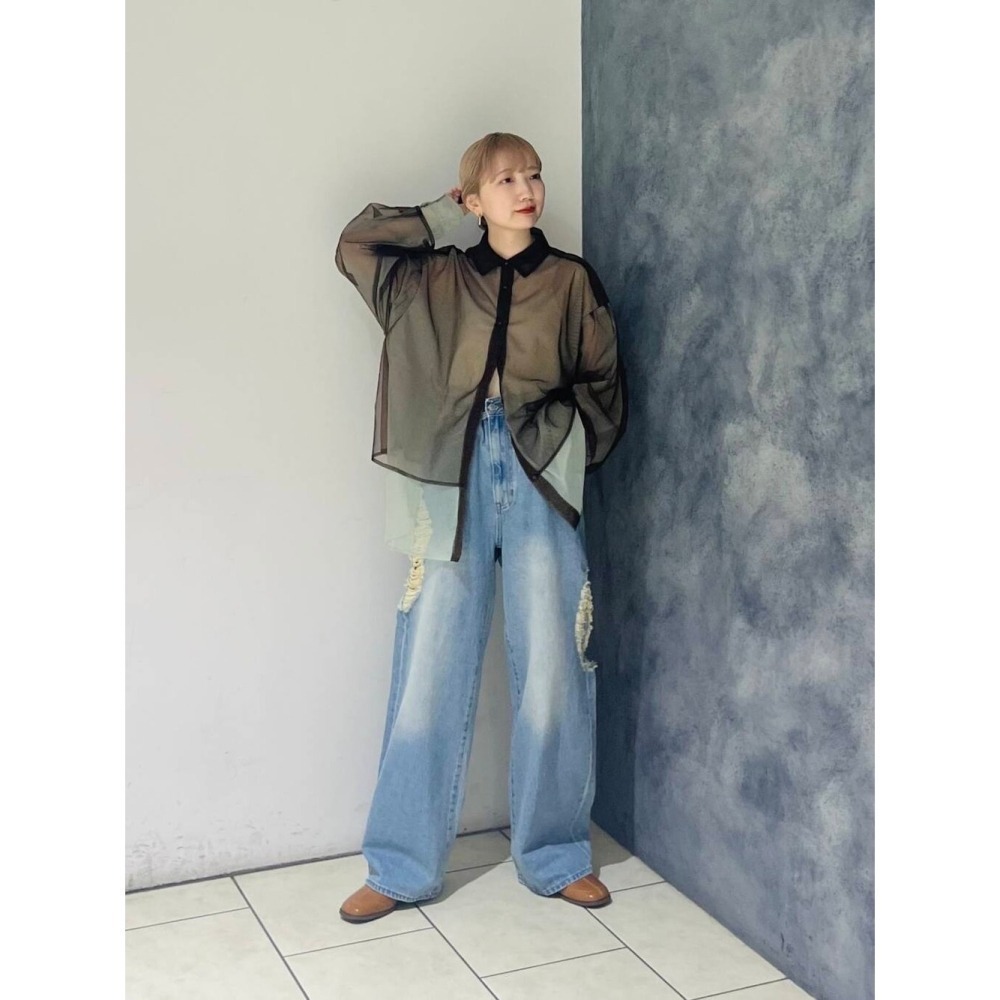 單件免運 🐈 快來帶走我的二手衣 🐈日本正品 KBF 層次透膚襯衫 咖啡x淺薄荷綠 二手日牌 古著-細節圖8