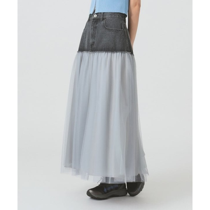 🐈 快來帶走我的二手衣 🇯🇵 🐈 日本正品 Ray BEAMS 單寧拼接透紗長裙 灰色 SIZE 0 二手日牌-細節圖6