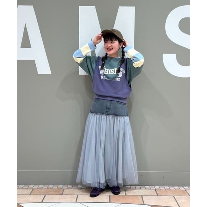 🐈 快來帶走我的二手衣 🇯🇵 🐈 日本正品 Ray BEAMS 單寧拼接透紗長裙 灰色 SIZE 0 二手日牌-細節圖7