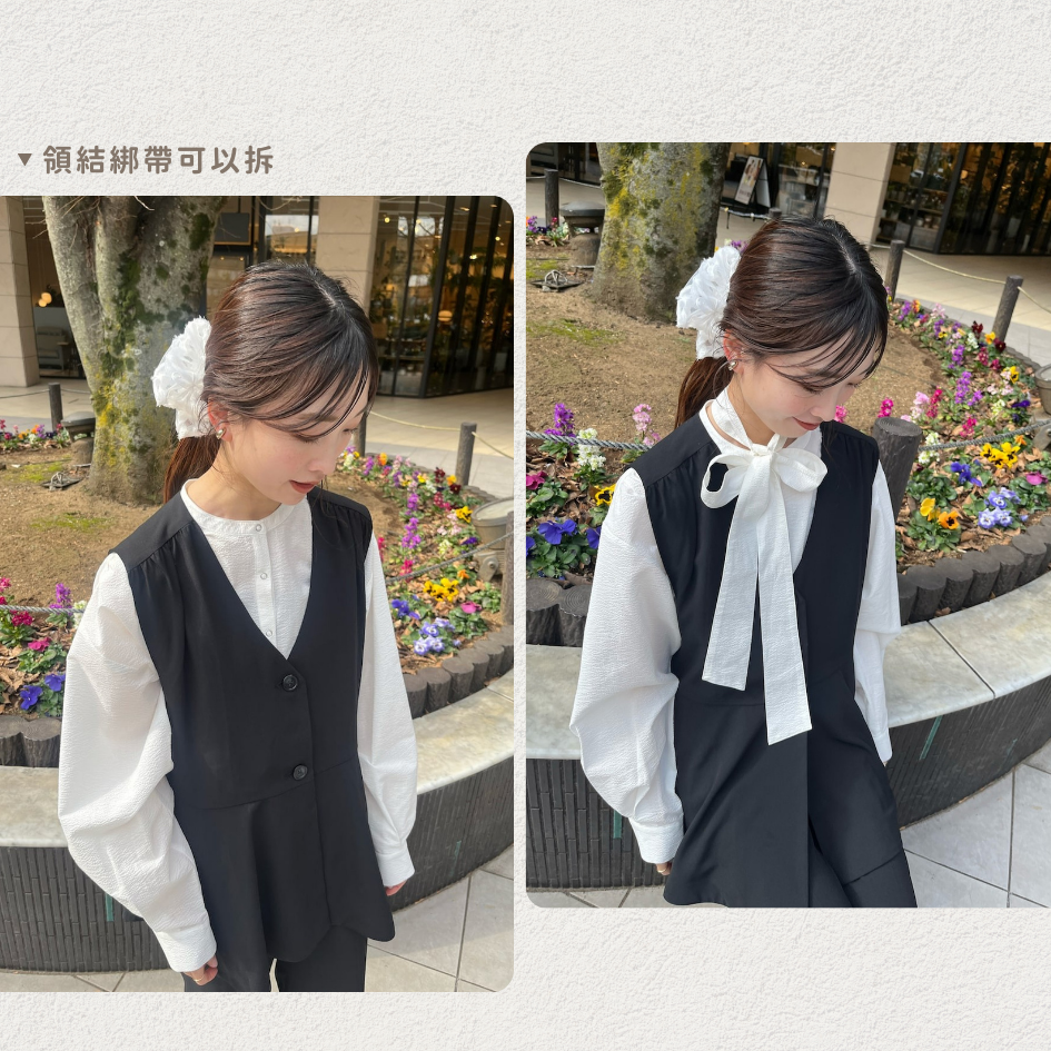 🐈 快來帶走我的二手衣 🐈 日本正品 Kastane 領結可拆 圓領啪啪釦澎袖襯衫 米色 二手日牌 古著-細節圖2