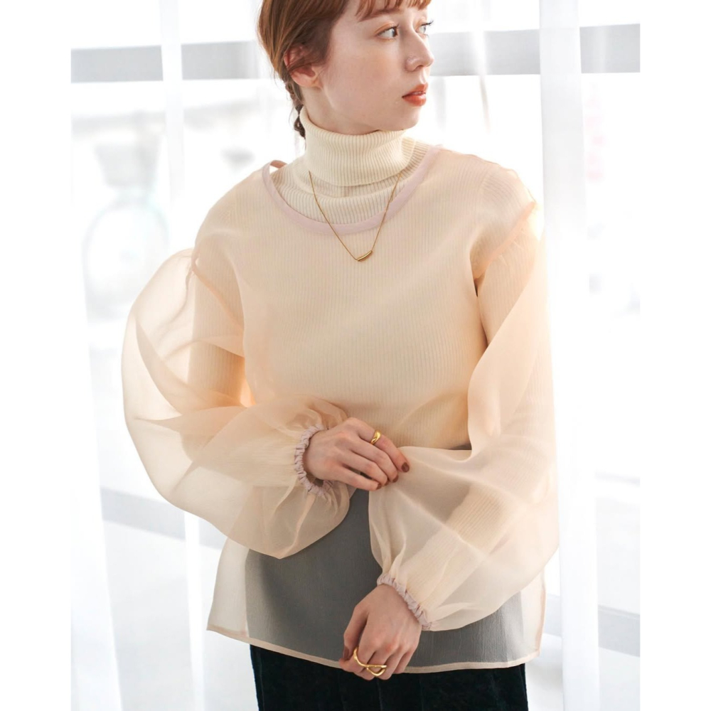 🐈 快來帶走我的二手衣 🇯🇵 🐈 日本正品 hinari 2way 澎袖透膚仙女罩衫 奶茶色 二手日牌 古著-細節圖7