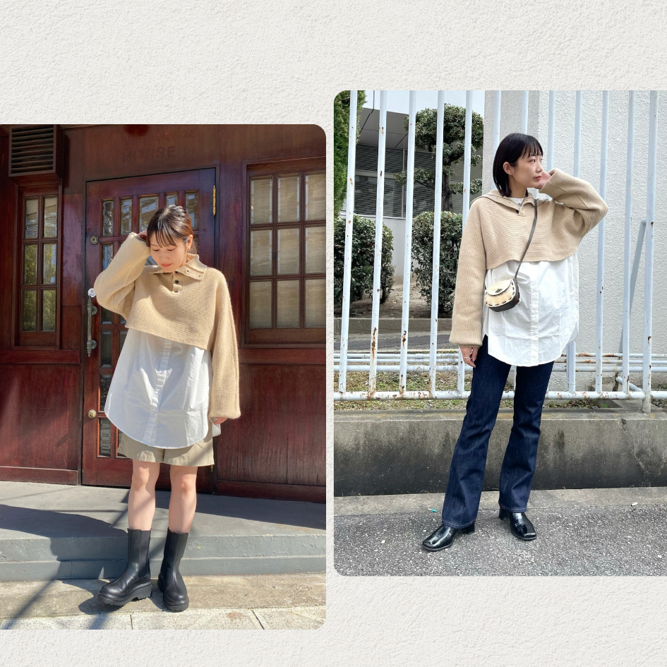 🐈快來帶走我的二手衣🐈 日本正品 Kastane 兩件組 高領短針織毛衣+長版白襯衫 SET 奶茶色 二手日牌 古著-細節圖2