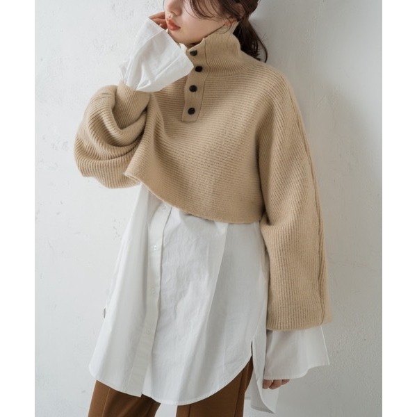 🐈快來帶走我的二手衣🐈 日本正品 Kastane 兩件組 高領短針織毛衣+長版白襯衫 SET 奶茶色 二手日牌 古著-細節圖4