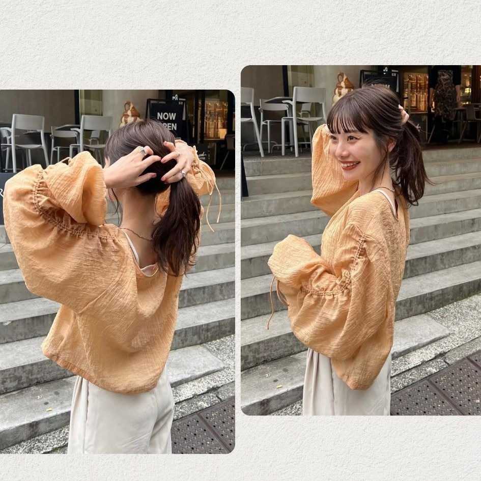 🐈 快來帶走我的二手衣 🇯🇵 🐈 日本正品 Kastane 抽皺袖V領透膚襯衫 蜜柑色 夏日罩衫 二手日牌 古著-細節圖2