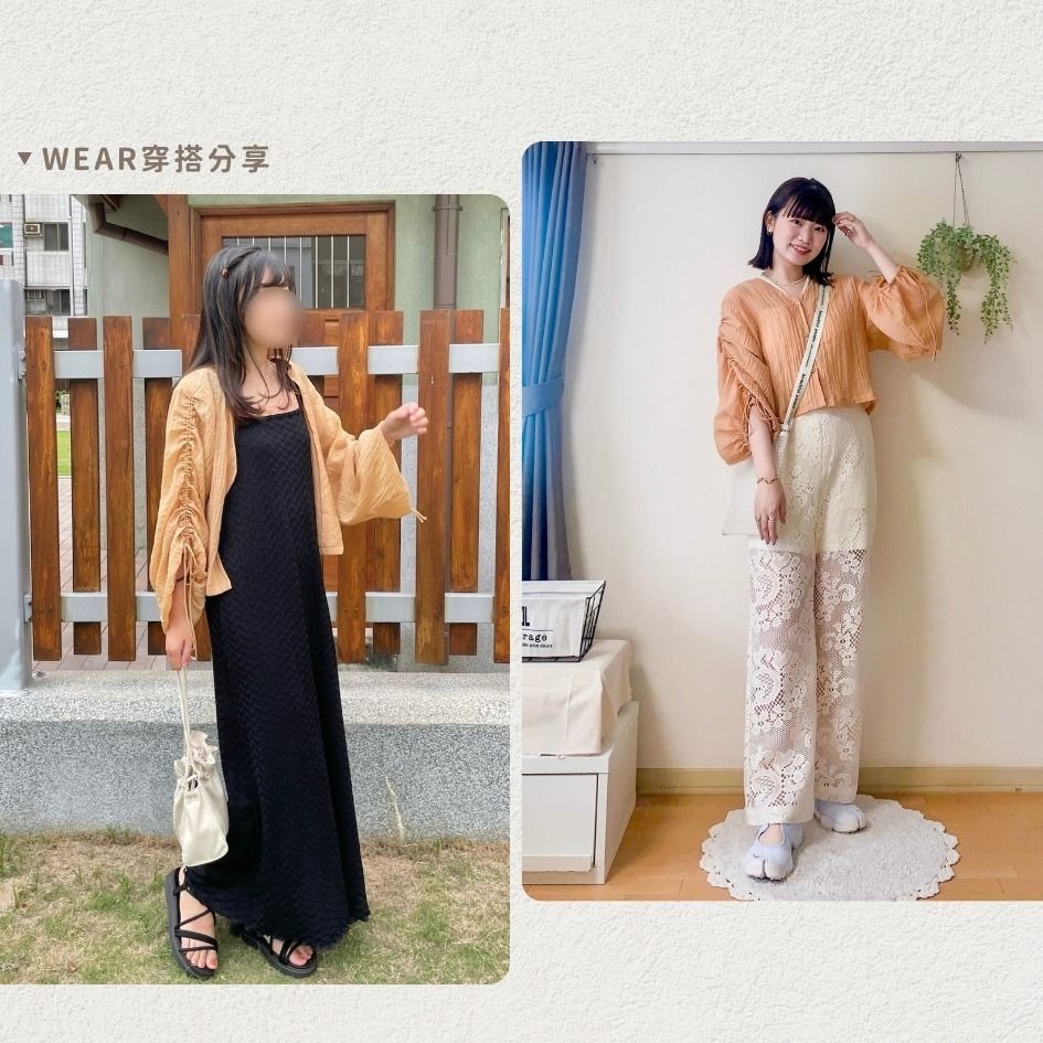 🐈 快來帶走我的二手衣 🇯🇵 🐈 日本正品 Kastane 抽皺袖V領透膚襯衫 蜜柑色 夏日罩衫 二手日牌 古著-細節圖4