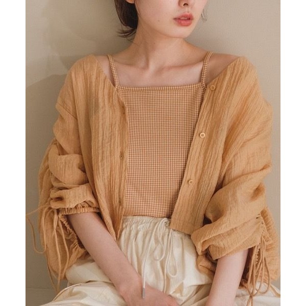 🐈 快來帶走我的二手衣 🇯🇵 🐈 日本正品 Kastane 抽皺袖V領透膚襯衫 蜜柑色 夏日罩衫 二手日牌 古著-細節圖5