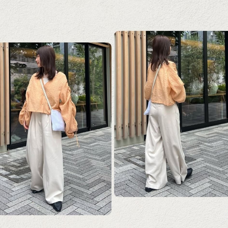 🐈 快來帶走我的二手衣 🇯🇵 🐈 日本正品 Kastane 抽皺袖V領透膚襯衫 蜜柑色 夏日罩衫 二手日牌 古著-細節圖7