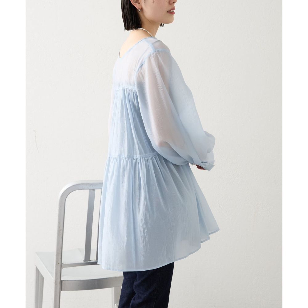 🐈 快來帶走我的二手衣 🇯🇵 🐈 日本正品 mystic 蝴蝶結綁帶透膚抓褶罩衫 藍色 二手日牌-細節圖3