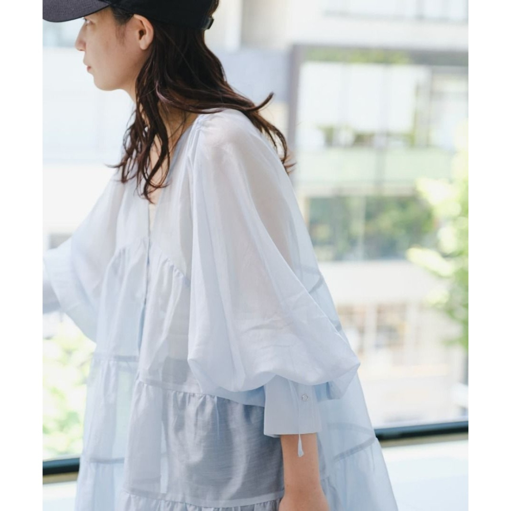 🐈 快來帶走我的二手衣 🇯🇵 🐈 日本正品 Kastane 光澤感蛋糕透膚襯衫 藍色 短洋裝 二手日牌 古著-細節圖4