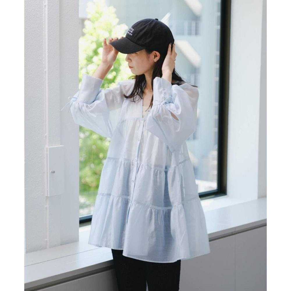 🐈 快來帶走我的二手衣 🇯🇵 🐈 日本正品 Kastane 光澤感蛋糕透膚襯衫 藍色 短洋裝 二手日牌 古著-細節圖5