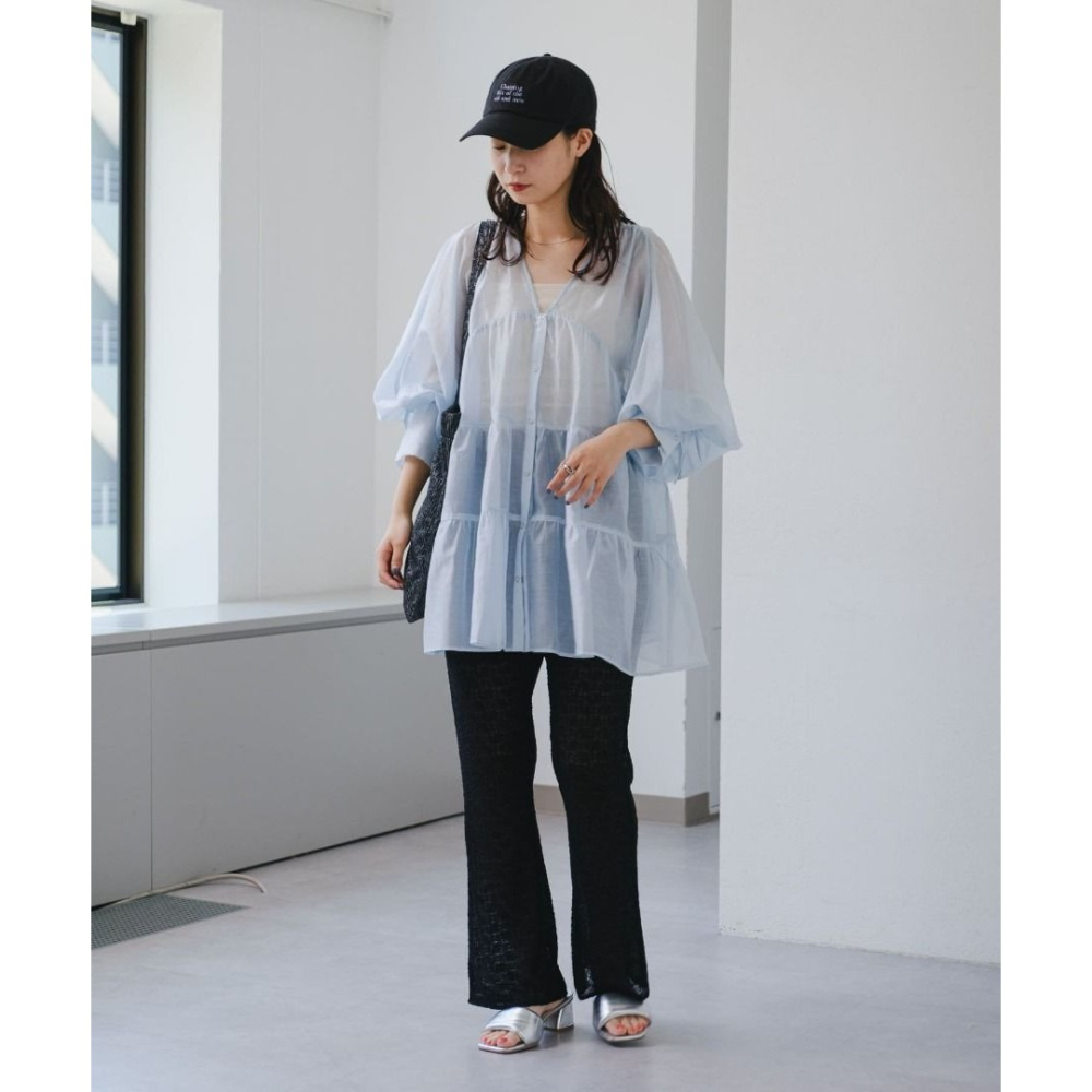 🐈 快來帶走我的二手衣 🇯🇵 🐈 日本正品 Kastane 光澤感蛋糕透膚襯衫 藍色 短洋裝 二手日牌 古著-細節圖8