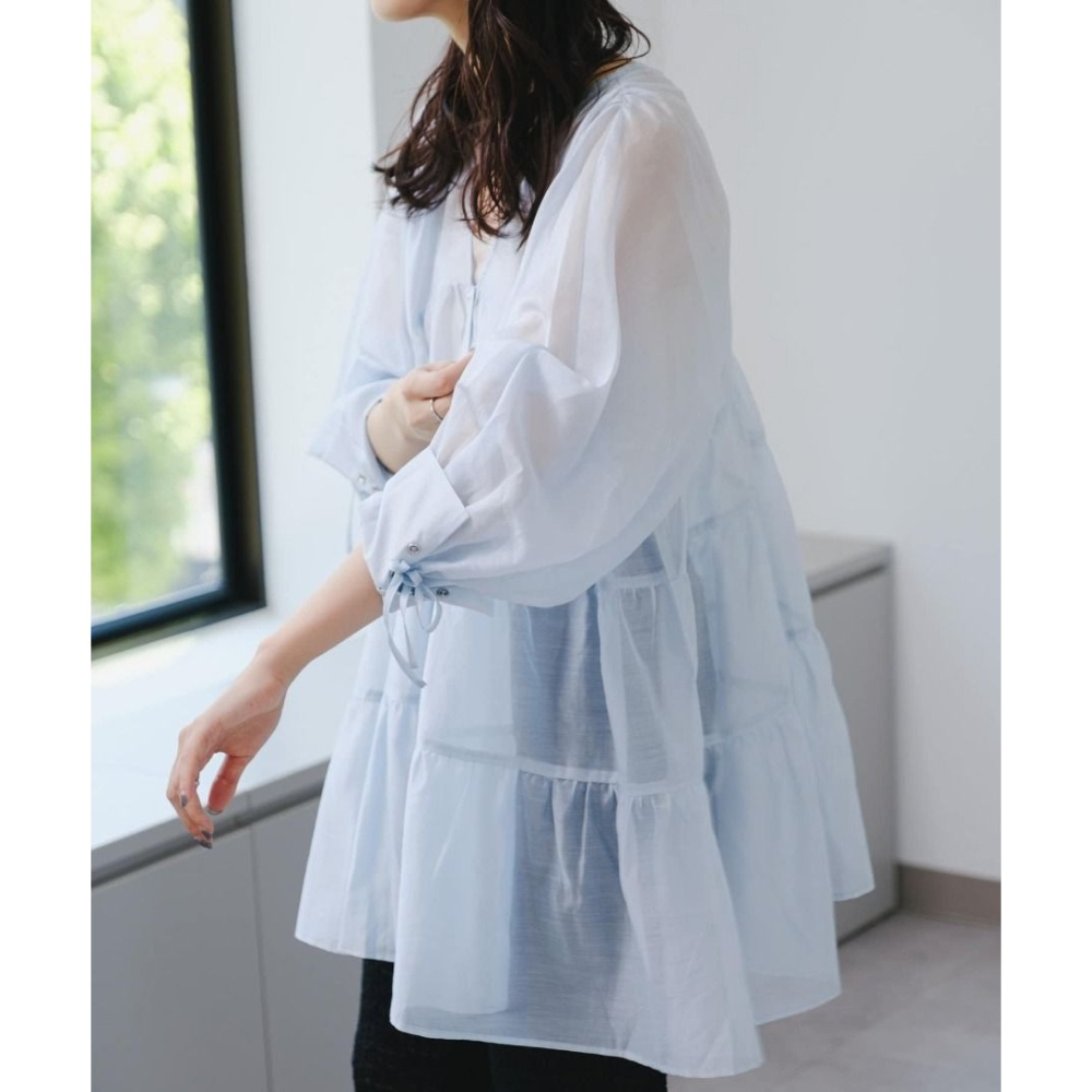 🐈 快來帶走我的二手衣 🇯🇵 🐈 日本正品 Kastane 光澤感蛋糕透膚襯衫 藍色 短洋裝 二手日牌 古著-細節圖10