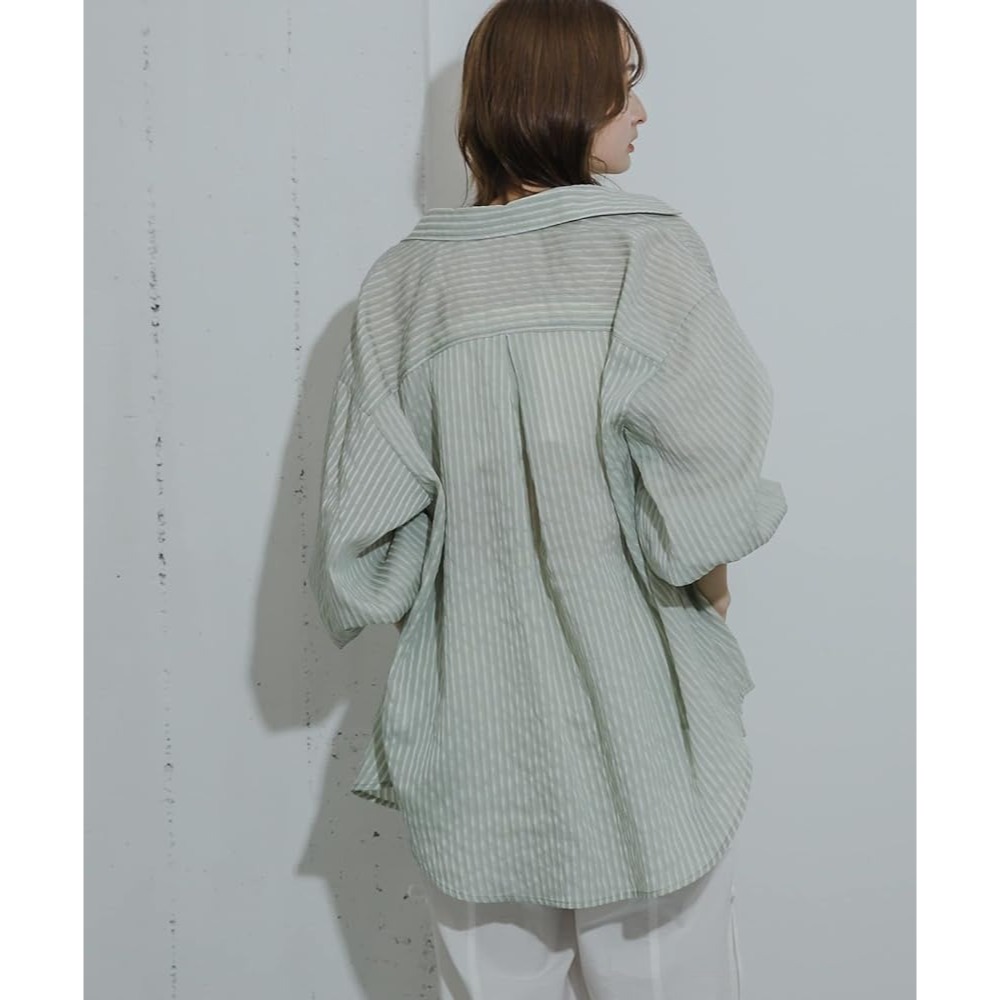 🐈 快來帶走我的二手衣 🐈 日本正品 SENSE OF PLACE 日系必備！透膚條紋襯衫 綠色 日牌古著-細節圖2