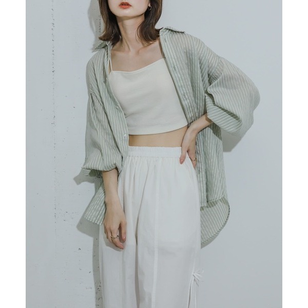 🐈 快來帶走我的二手衣 🐈 日本正品 SENSE OF PLACE 日系必備！透膚條紋襯衫 綠色 日牌古著-細節圖3