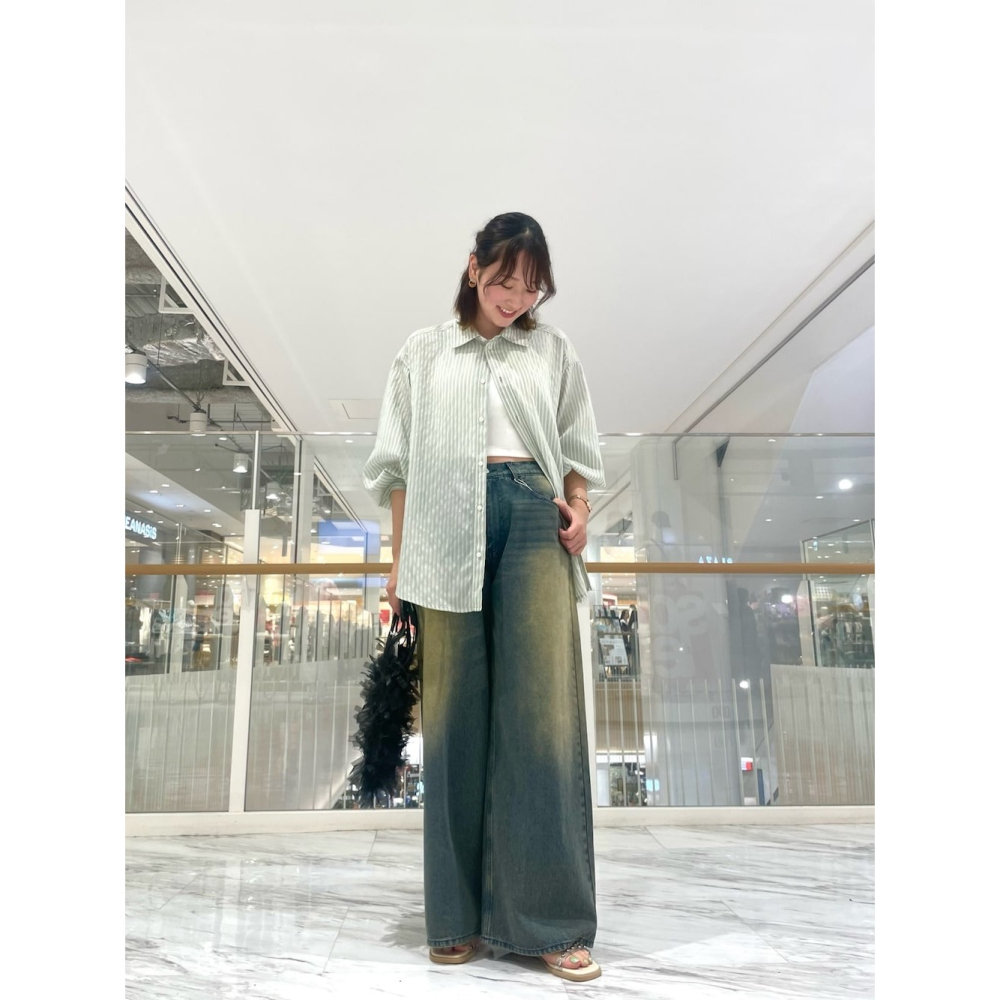 🐈 快來帶走我的二手衣 🐈 日本正品 SENSE OF PLACE 日系必備！透膚條紋襯衫 綠色 日牌古著-細節圖6