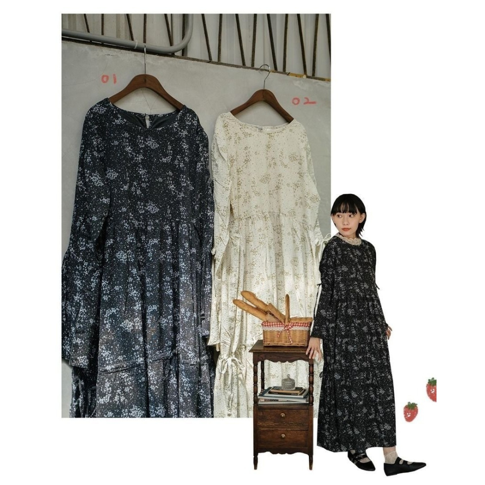 🐈 快來帶走我的二手衣 🇯🇵 🐈 日本正品 midori 魔法公主抽繩碎花洋裝 淡綠 蛋糕裙襬 二手日牌 古著-細節圖4