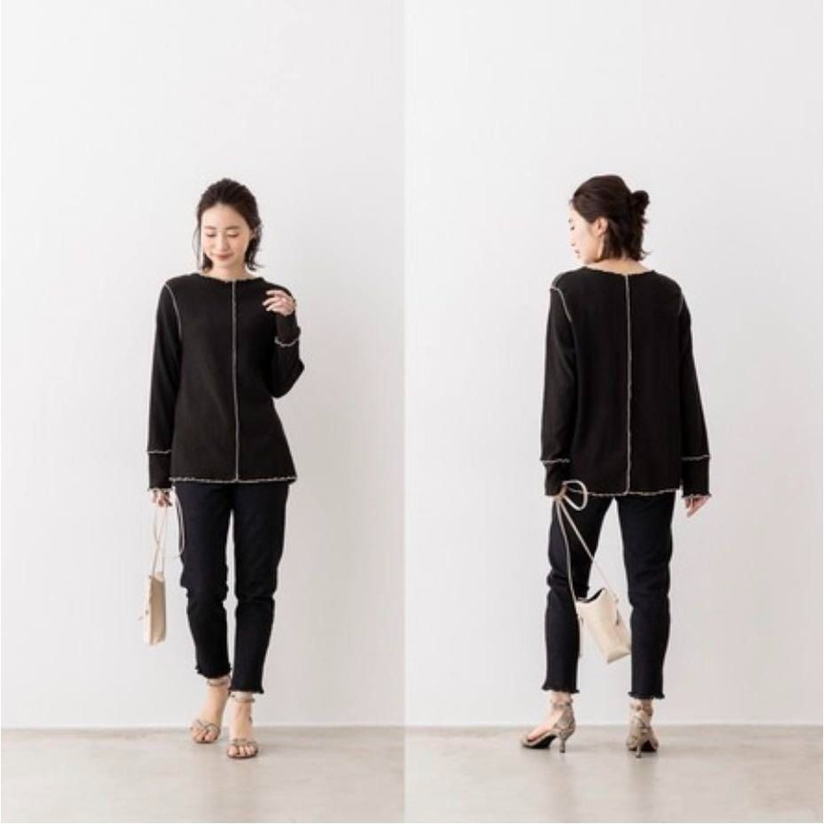 🐈 快來帶走我的二手衣 🇯🇵 🐈 日本正品 HUNCH 撞色捲捲邊楊柳上衣 黑色 長袖Tee 二手日牌 古著-細節圖3