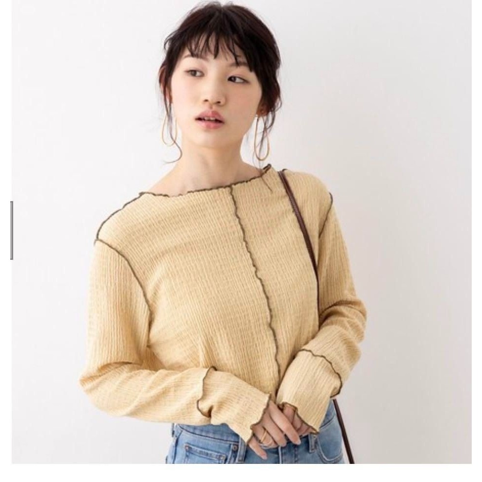 🐈 快來帶走我的二手衣 🇯🇵 🐈 日本正品 HUNCH 撞色捲捲邊楊柳上衣 黑色 長袖Tee 二手日牌 古著-細節圖5