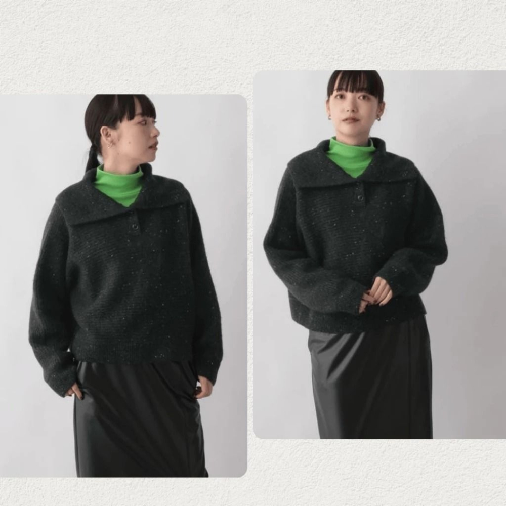 🐈 快來帶走我的二手衣 🇯🇵 🐈 日本正品 LOWRYS FARM 可愛大領混織短版上衣 炭黑色 二手日牌 古著-細節圖7