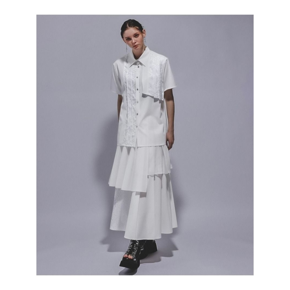 🐈 全新 快來帶走我的二手衣 🇯🇵 🐈 日本正品 HARE 女百褶設計拼接壓紋荷葉長裙 白色 日牌-細節圖6