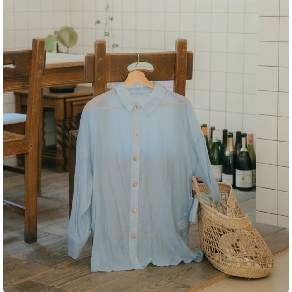 🐈 快來帶走我的二手衣 🇯🇵 🐈 日本正品 midori 綠 限量！藍調時光透膚襯衫 二手日牌 古著-細節圖6