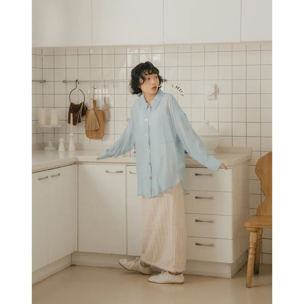 🐈 快來帶走我的二手衣 🇯🇵 🐈 日本正品 midori 綠 限量！藍調時光透膚襯衫 二手日牌 古著-細節圖7