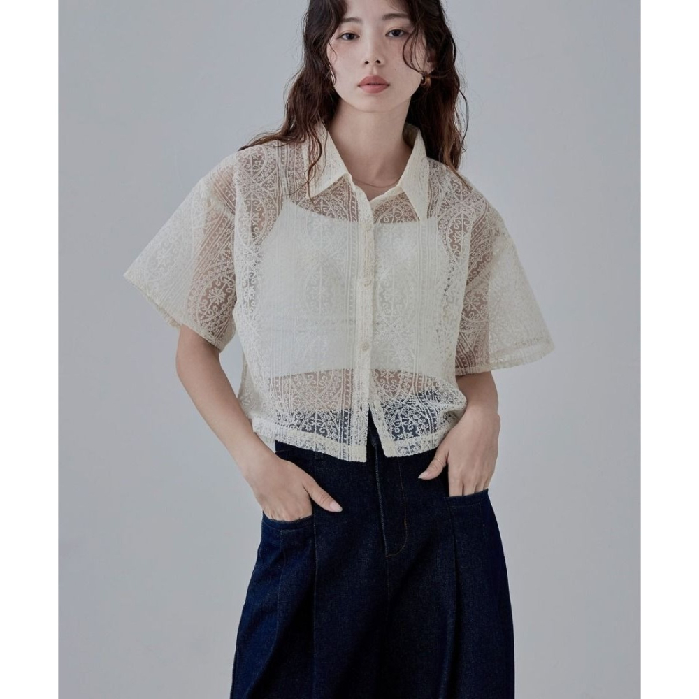 🐈 快來帶走我的二手衣 🇯🇵 🐈 日本正品 LIAN 翻領刺繡蕾絲襯衫 米白色 日牌-細節圖4