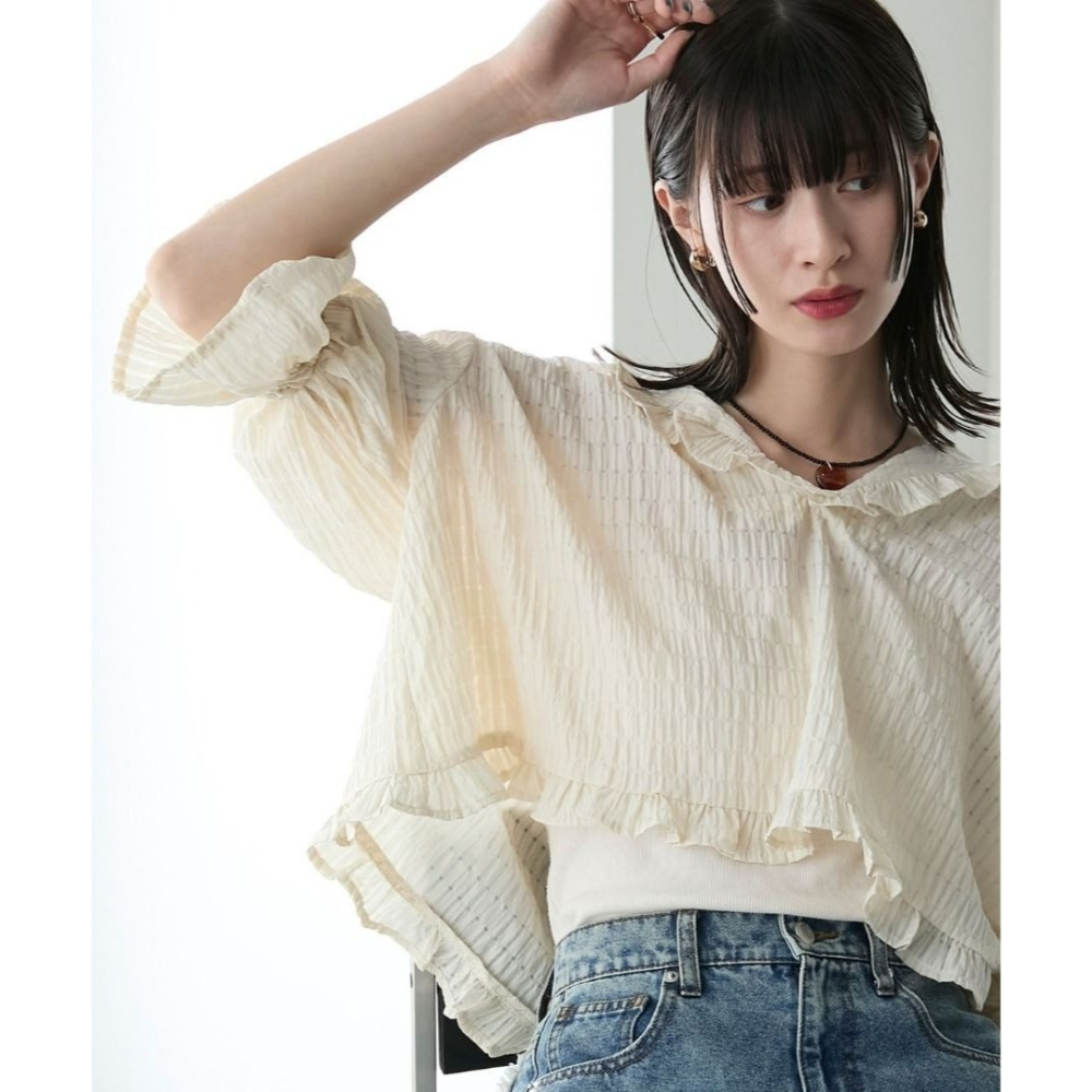 全新 🐈 快來帶走我的二手衣 🇯🇵 🐈 日本正品 forksy. 透透紋理感連帽短版襯衫 短袖 水藍色 日牌-細節圖7
