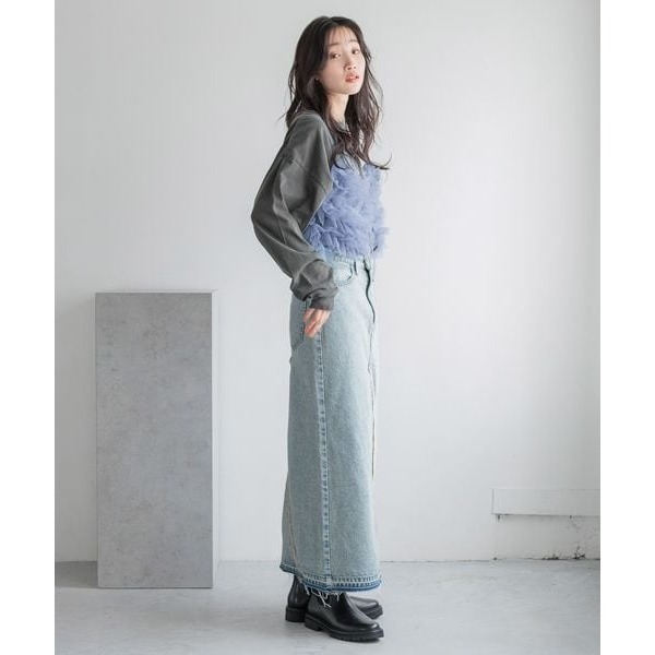 🐈 快來帶走我的二手衣 🐈日本正品 LOWRYS FARM CONE 前開衩牛仔長裙 淺藍色 二手日牌 古著-細節圖7