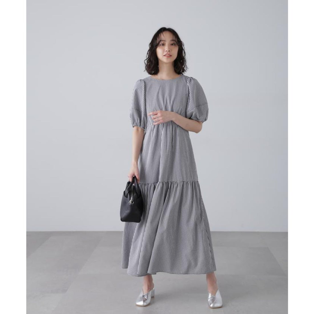 🐈 快來帶走我的二手衣 🇯🇵 🐈 日本正品 FREE＇S MART 格紋氣球袖分層洋裝 黑白格子 二手日牌 古著-細節圖7