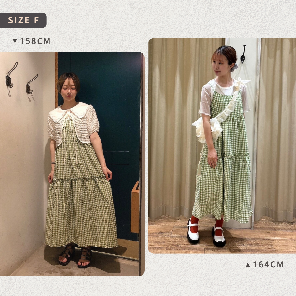 🐈 快來帶走我的二手衣 🇯🇵 🐈 日本正品 ehka sopo 可愛格紋分層後綁結吊帶洋裝 綠色 二手日牌 古著-細節圖3