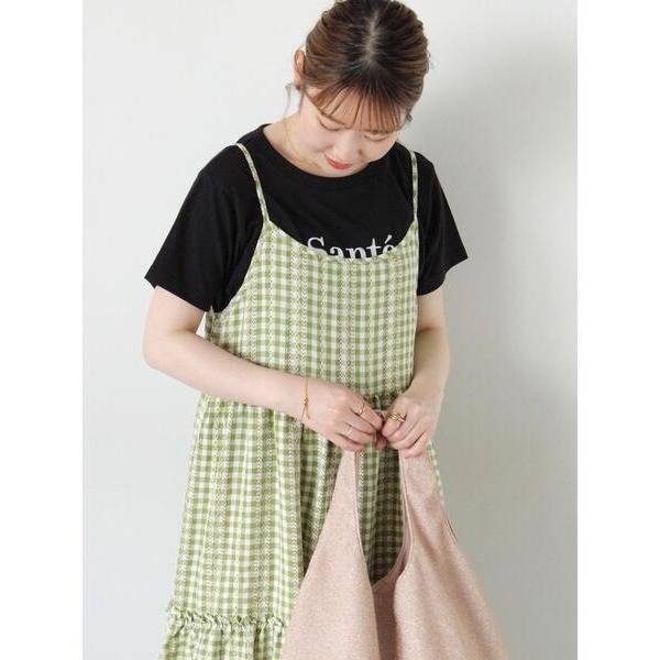 🐈 快來帶走我的二手衣 🇯🇵 🐈 日本正品 ehka sopo 可愛格紋分層後綁結吊帶洋裝 綠色 二手日牌 古著-細節圖5