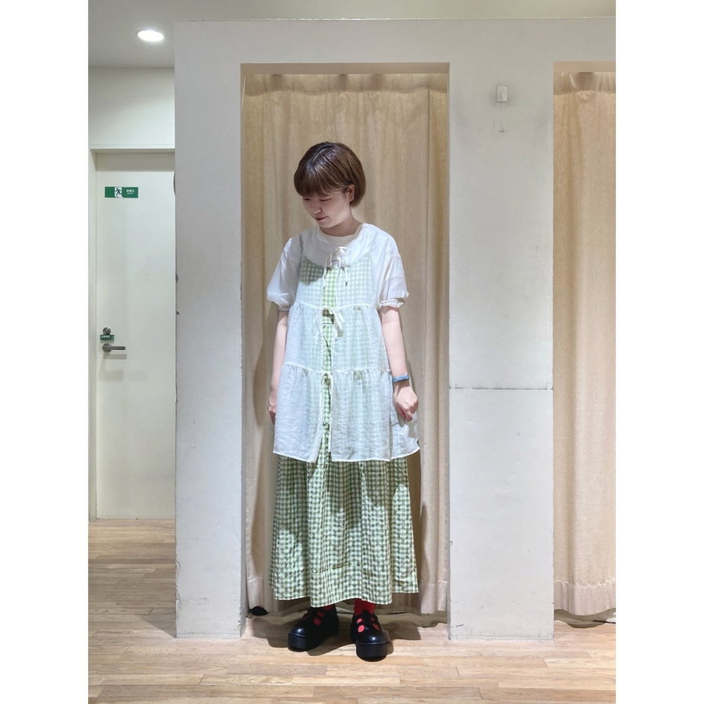 🐈 快來帶走我的二手衣 🇯🇵 🐈 日本正品 ehka sopo 可愛格紋分層後綁結吊帶洋裝 綠色 二手日牌 古著-細節圖8