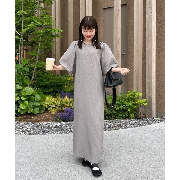 🐈 快來帶走我的二手衣 🇯🇵 🐈 日本正品 hinari 細格紋泡泡袖洋裝 灰色 二手日牌 古著-細節圖3