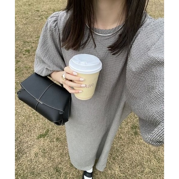 🐈 快來帶走我的二手衣 🇯🇵 🐈 日本正品 hinari 細格紋泡泡袖洋裝 灰色 二手日牌 古著-細節圖8