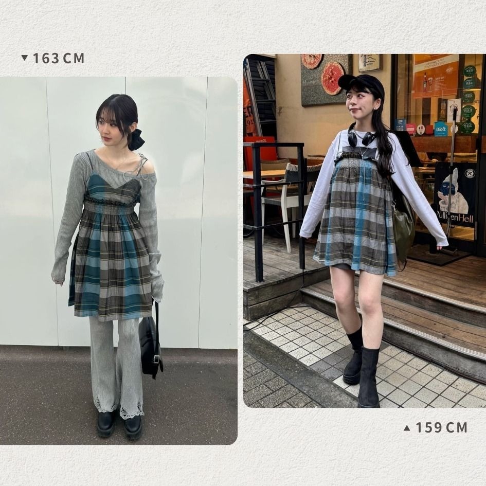 🐈 快來帶走我的二手衣 🇯🇵 🐈 日本正品 Kastane 2way抽褶格紋吊帶背心 灰色 二手日牌 古著-細節圖2