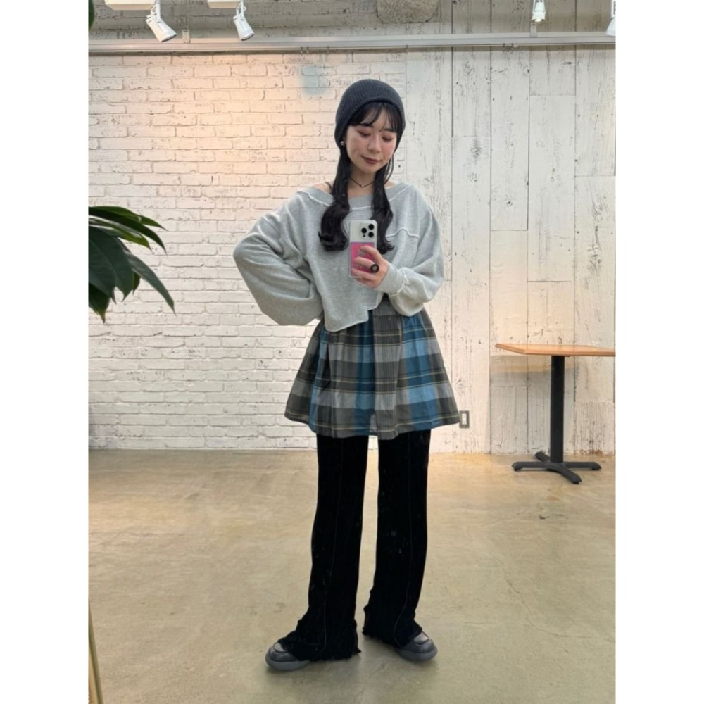 🐈 快來帶走我的二手衣 🇯🇵 🐈 日本正品 Kastane 2way抽褶格紋吊帶背心 灰色 二手日牌 古著-細節圖3