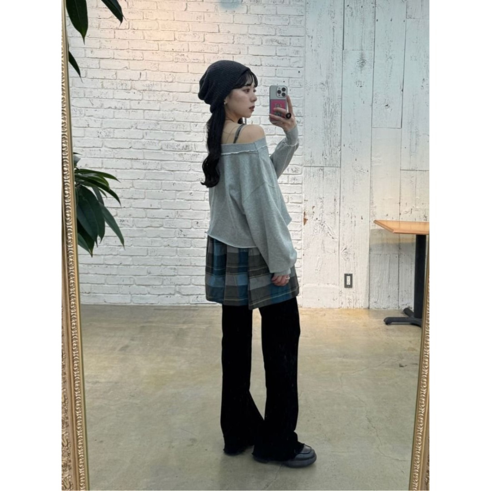 🐈 快來帶走我的二手衣 🇯🇵 🐈 日本正品 Kastane 2way抽褶格紋吊帶背心 灰色 二手日牌 古著-細節圖4