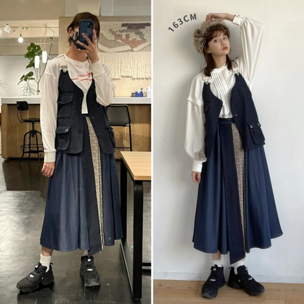🐈 快來帶走我的二手衣 🇯🇵 🐈 日本正品 idem 佩利斯花紋拼接長裙 藍色 拼布設計 變形蟲花紋 二手日牌-細節圖2