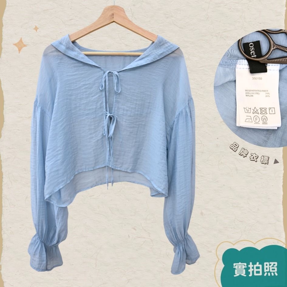 🐈 快來帶走我的二手衣 🇯🇵 🐈 日本正品 w closet 雙綁帶水手領透膚罩衫 水藍色 二手日牌 古著-細節圖3