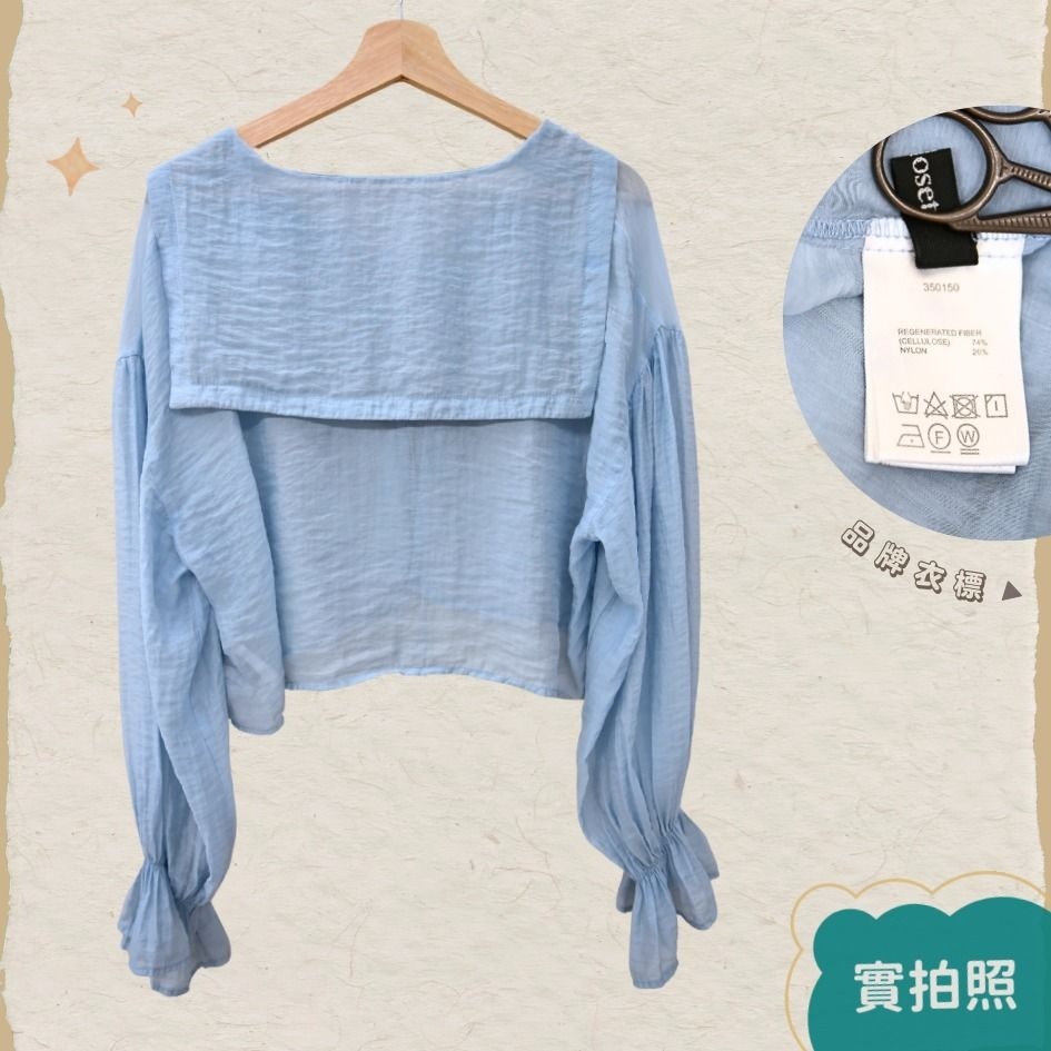 🐈 快來帶走我的二手衣 🇯🇵 🐈 日本正品 w closet 雙綁帶水手領透膚罩衫 水藍色 二手日牌 古著-細節圖4