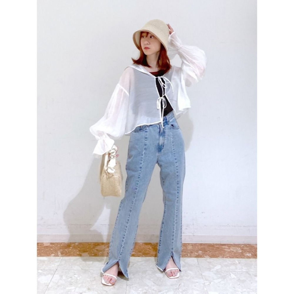 🐈 快來帶走我的二手衣 🇯🇵 🐈 日本正品 w closet 雙綁帶水手領透膚罩衫 水藍色 二手日牌 古著-細節圖9