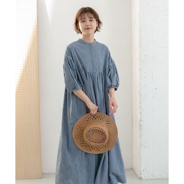 🐈 快來帶走我的二手衣 🇯🇵 🐈 日本正品 KBF 刺繡佩斯利花紋洋裝 藍色 澎袖設計 二手日牌 古著-細節圖4