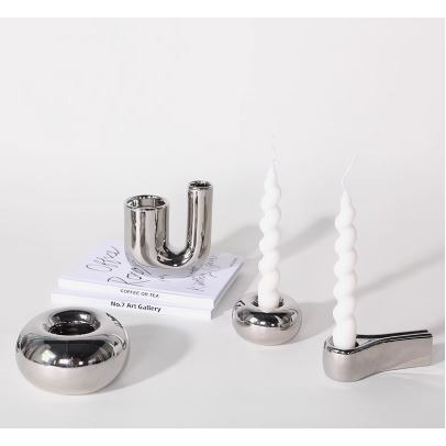 創意銀色陶瓷造型小燭台擺飾(不含蠟燭)-細節圖4
