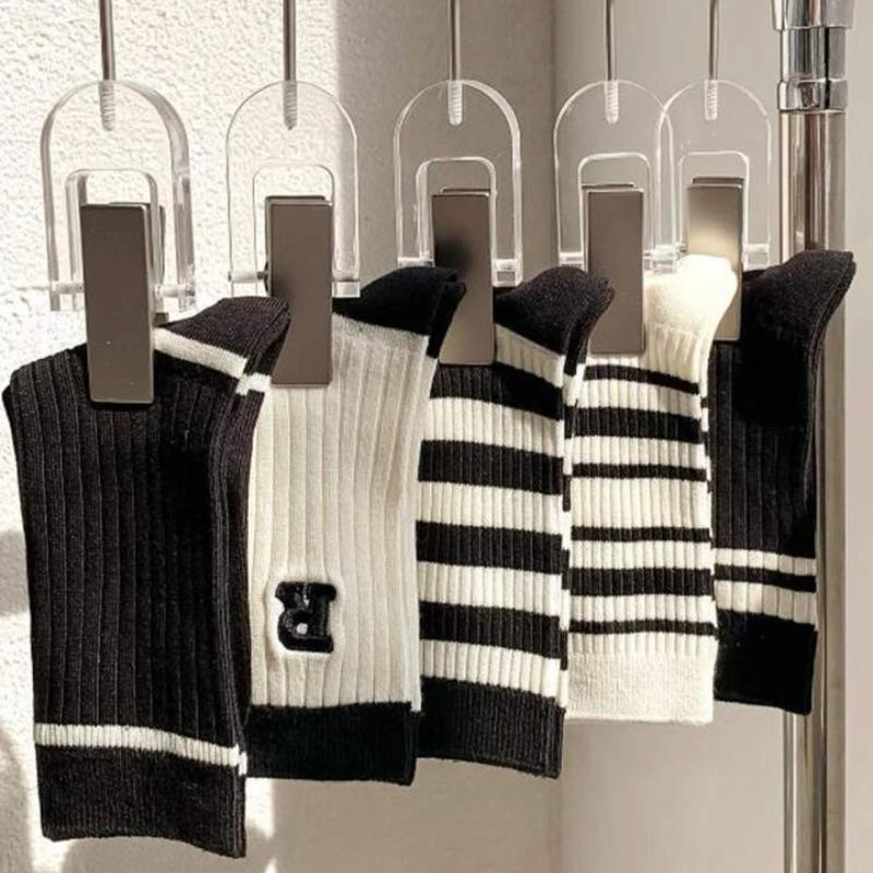 (超值5雙組)素色字母條紋中筒襪 長襪 黑色-細節圖4