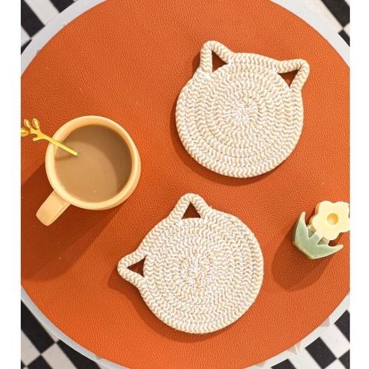 貓咪造型編織棉設計杯墊1入組 餐墊-細節圖6